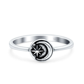 Moon & Star Oxidized Band Solid 925 Sterling Silver Thumb Ring (6mm)